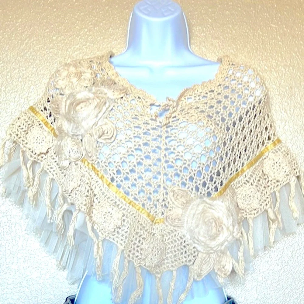 🆕🧶 Boho Floral Crochet Poncho Shawl 97% Cotton NWT